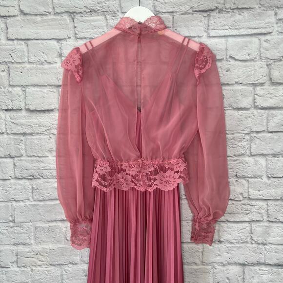 Vintage 70's Mauve Maxi Dress Pleated Skirt Sheer Lace Cardigan Size S/M Union - Picture 4 of 14